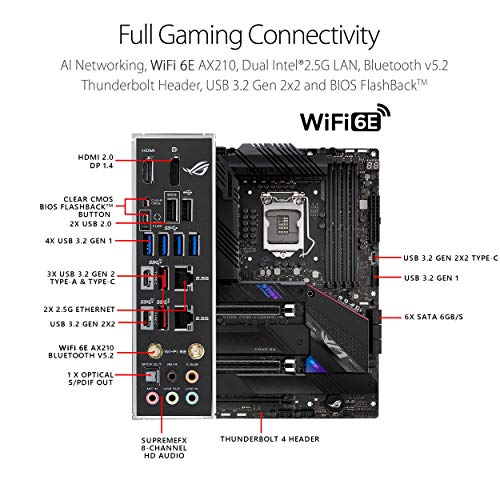ASUS ROG Strix Z590-E Gaming WiFi - Placa Base (Intel Z590 LGA 1200 ATX con VRM de 16 Fases, PCIe 4.0, WiFi 6E, 2 Intel 2.5 GB Ethernet, 4 M.2 con disipadores, USB 3.2 Gen. 2, SATA y Aura Sync RGB)