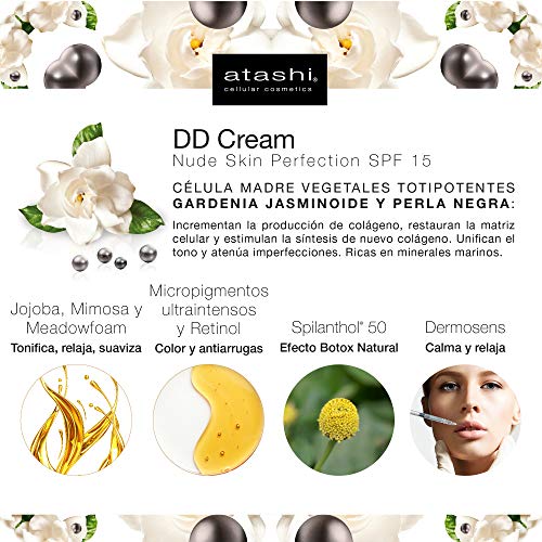 Atashi DD Cream Antiedad | Tratamiento Antiedad con Color | No Makeup - Makeup | Atenúa las Manchas y Minimiza los Poros | Rejuvenece la Piel|Gardenia Jasminoide | Retinol | Tono Medio | SPF15 - 50 ml