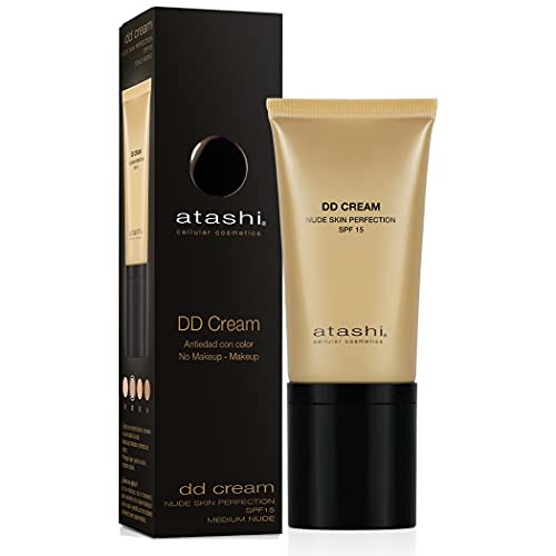 Atashi DD Cream Antiedad | Tratamiento Antiedad con Color | No Makeup - Makeup | Atenúa las Manchas y Minimiza los Poros | Rejuvenece la Piel|Gardenia Jasminoide | Retinol | Tono Medio | SPF15 - 50 ml
