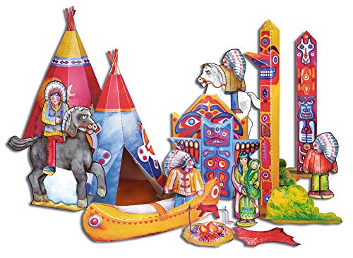 ATELIER COLOR Indias con tipis, tótems, canoa, hoguera y caballos juguete creativos de papel para niños 5+ años para recortar, manualidades, jugar con modelo 3D maquetas