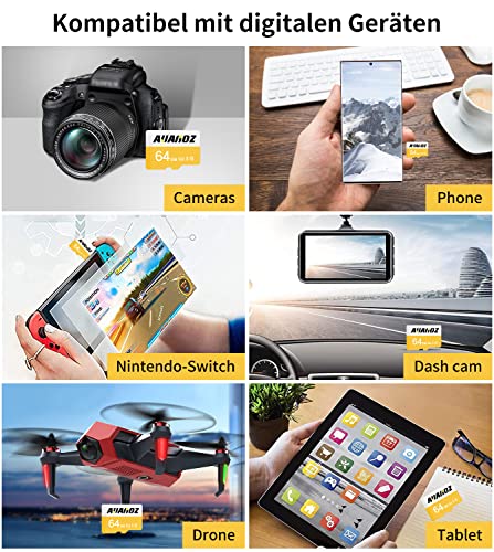Auanoz Tarjeta De Memoria 64gb / Tarjeta TF con Adaptador para Cámara, Teléfono, Computadora, Vigilancia, Dron
