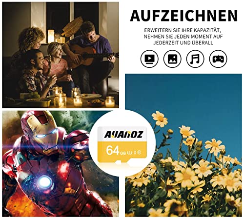 Auanoz Tarjeta De Memoria 64gb / Tarjeta TF con Adaptador para Cámara, Teléfono, Computadora, Vigilancia, Dron