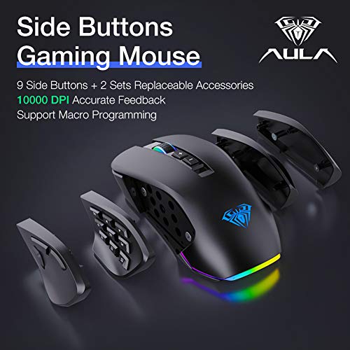 AULA H510 MMO Ratón para juegos con Cable, 9 botones laterales programables, retroiluminación RGB, Alta precisión 10,000 DPI Óptica Ergonómica MOBA/FPS Wired Mouse para Windows Computer Gamer (Negro)