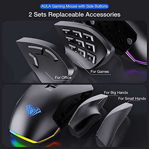 AULA H510 MMO Ratón para juegos con Cable, 9 botones laterales programables, retroiluminación RGB, Alta precisión 10,000 DPI Óptica Ergonómica MOBA/FPS Wired Mouse para Windows Computer Gamer (Negro)