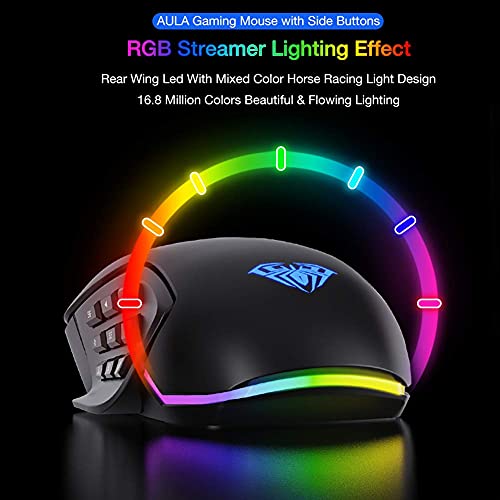 AULA H510 MMO Ratón para juegos con Cable, 9 botones laterales programables, retroiluminación RGB, Alta precisión 10,000 DPI Óptica Ergonómica MOBA/FPS Wired Mouse para Windows Computer Gamer (Negro)