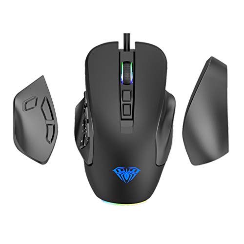 AULA H510 MMO Ratón para juegos con Cable, 9 botones laterales programables, retroiluminación RGB, Alta precisión 10,000 DPI Óptica Ergonómica MOBA/FPS Wired Mouse para Windows Computer Gamer (Negro)