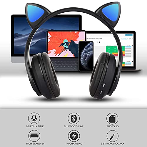 Auriculares Bluetooth Diadema con Oreja de Gato Sendowtek Cascos Inalámbricos con luz RGB Cascos Gaming con 3.5mm Cable para Niños/Adultos Compatible con Movil/Nintendo Switch/Tablet/PS4