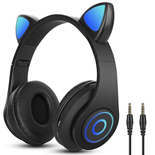 Auriculares Bluetooth Diadema con Oreja de Gato Sendowtek Cascos Inalámbricos con luz RGB Cascos Gaming con 3.5mm Cable para Niños/Adultos Compatible con Movil/Nintendo Switch/Tablet/PS4