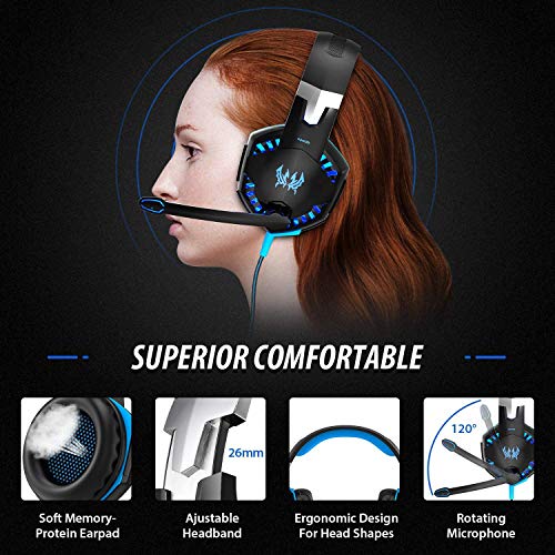 Auriculares Gaming Estéreo con Microfono para PS4 PC Xbox One, Cascos Gaming Professional con Bass Surround para Nintendo Switch Gamer, Diadema Acolchada y Ajustable(Tiene un adaptador cable)