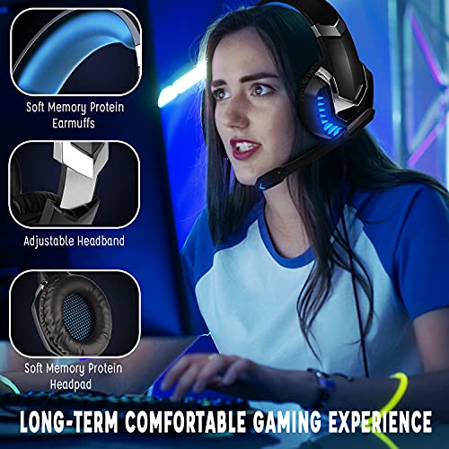 Auriculares Gaming para PS4 PS5 PC Xbox One Mac, Cascos Gaming Premium Estéreo con Microfóno reducción de Ruido, Jack Audio 3,5mm, Gaming Headset con Luz LED para Switch Computadora Azul