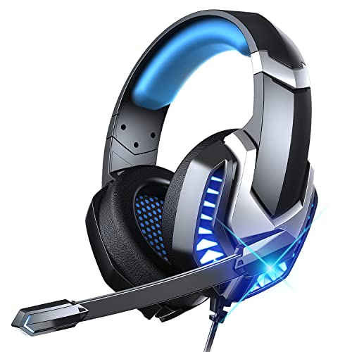 Auriculares Gaming para PS4 PS5 PC Xbox One Mac, Cascos Gaming Premium Estéreo con Microfóno reducción de Ruido, Jack Audio 3,5mm, Gaming Headset con Luz LED para Switch Computadora Azul