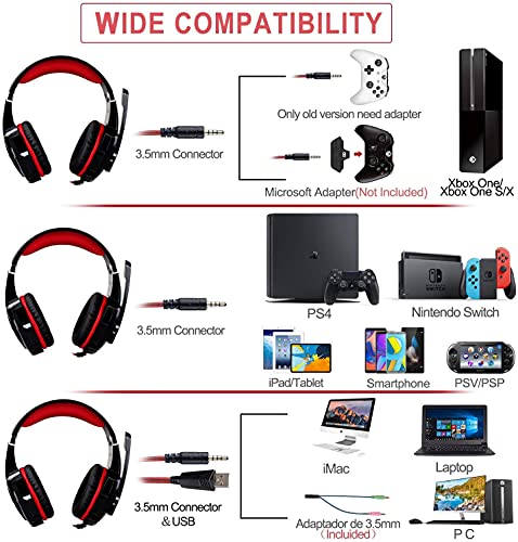Auriculares Gaming PS4, Galopar Cascos Gaming, Premium Stereo con Microfono Gaming Headset con 3.5mm Jack para PC/Xbox One/Móvil - con Gancho-Rojo