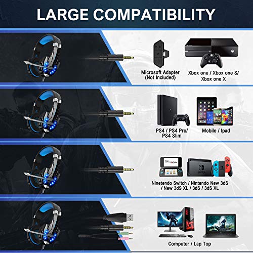 Auriculares Gaming PS4,Cascos Gaming, Auriculares Cascos Gaming de Mac Estéreo con Micrófono Juego Gaming Headset con 3.5mm Jack Luz LED Bajo Ruido Compatible con PC Xbox One Nintendo Switch (Blue)