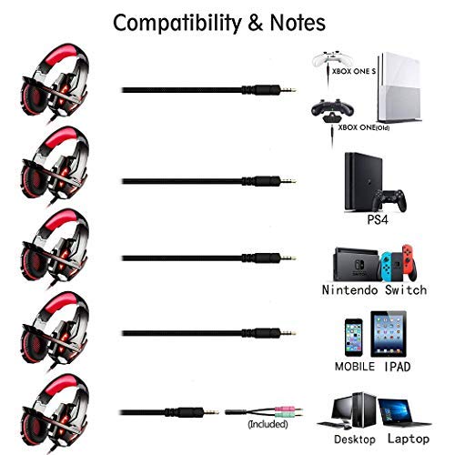 Auriculares Gaming PS4,Cascos Gaming, Auriculares Cascos Gaming de Mac Estéreo con Micrófono Juego Gaming Headset con 3.5mm Jack Luz LED Bajo Ruido Compatible con PC Xbox One Nintendo Switch (Red)