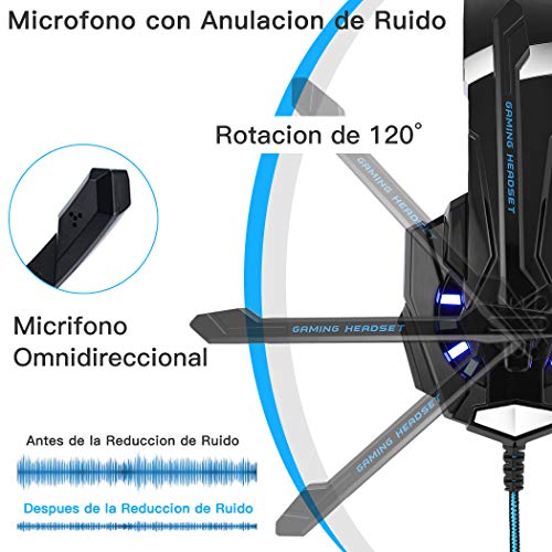 Auriculares Gaming PS4,Cascos Gaming de Mac Estéreo con Micrófono Cascos Gaming 3.5mm Jack con Luz LED Bass Surround y Cancelación de Ruido Auriculares Compatible con PC/Xbox One/Switch