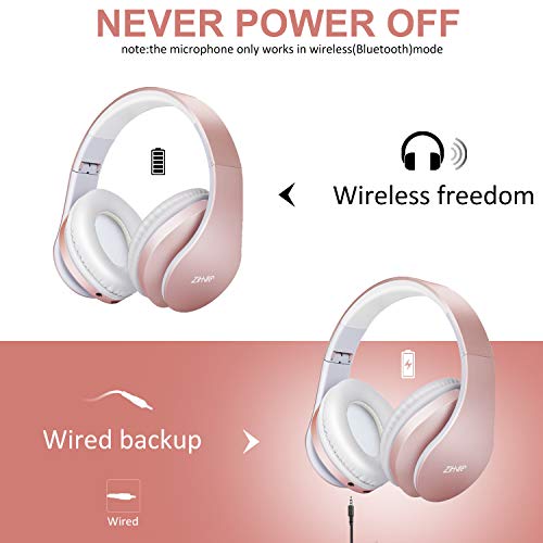 Auriculares para Colocar sobre la Oreja con Bluetooth, Zihnic Auriculares estéreo con Cable e inalámbricos Plegables Micro SD/TF, FM(Oro Rosa)