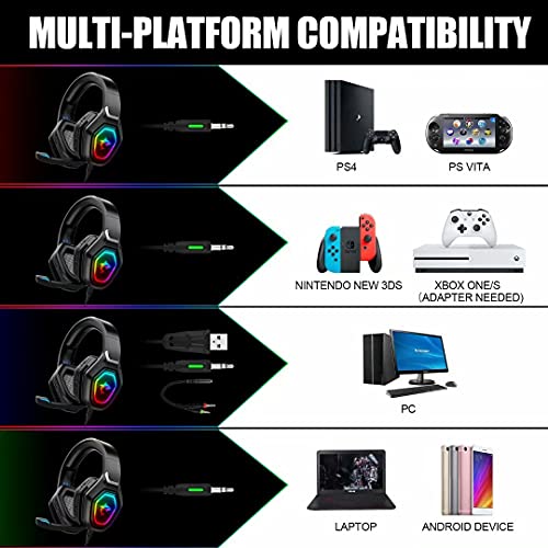 Auriculares para juegos con micrófono Wlevzzor PS5 con micrófono con cancelación de ruido colorido RGB LED, estéreo frío sobre la oreja para PS5 PS4, Xbox One, portátiles, PC, teléfonos
