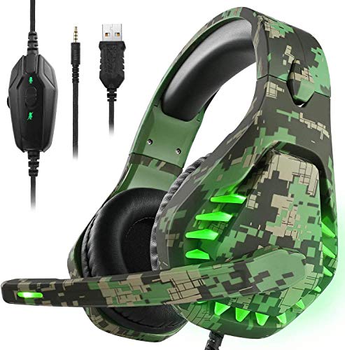 Auriculares para juegos PS4 con estéreo de sonido envolvente 7.1 para interruptor PS5, Luz LED de vibración de micrófono omnidireccional, Compatible con Mac Laptop, Camo Green