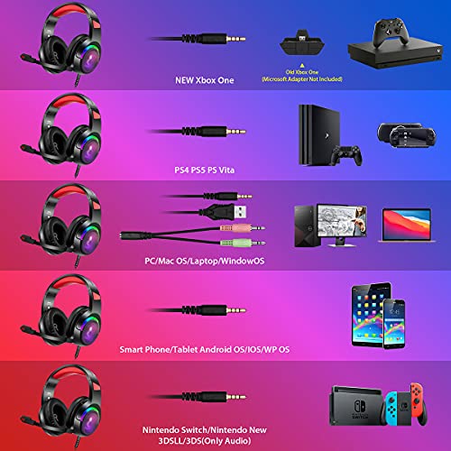 Auriculares para PS5 para PS4, con micrófono, PC, Xbox One, portátil, sonido envolvente mediante cancelación de ruido de oído, con luces LED y control de volumen para smartphone, ordenador,Switch