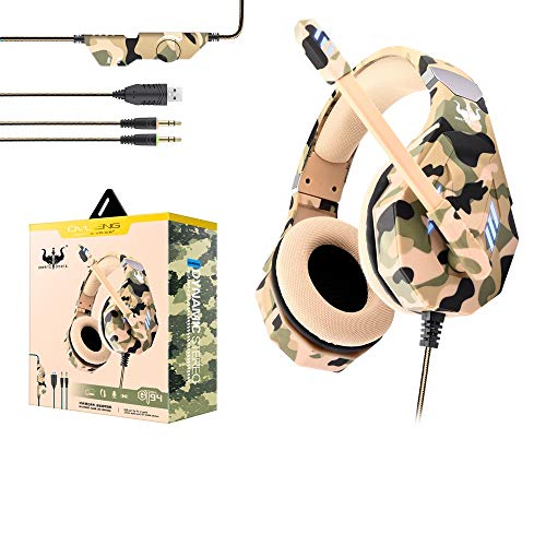 Auriculares para videojuegos para PS4, Xbox One, PC, con micrófono, luz LED, cancelación de ruido, compatible con Nintendo Switch, Games, ordenador portátil, Mac y PS3 (camuflaje), color amarillo