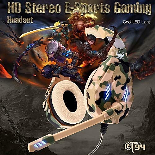 Auriculares para videojuegos para PS4, Xbox One, PC, con micrófono, luz LED, cancelación de ruido, compatible con Nintendo Switch, Games, ordenador portátil, Mac y PS3 (camuflaje), color amarillo