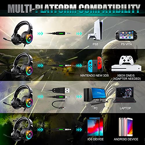 Auriculares para videojuegos para Xbox One, PC, PS5, PS4, ordenador portátil, 3,5 mm, sonido envolvente, auriculares con cable, únicos y geniales, luz RGB multicolor