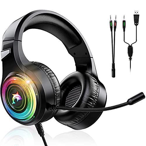 Auriculares para videojuegos para Xbox One, PC, PS5, PS4, ordenador portátil, 3,5 mm, sonido envolvente, auriculares con cable, únicos y geniales, luz RGB multicolor