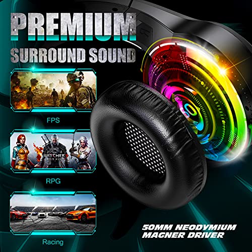Auriculares para videojuegos para Xbox One, PC, PS5, PS4, ordenador portátil, 3,5 mm, sonido envolvente, auriculares con cable, únicos y geniales, luz RGB multicolor