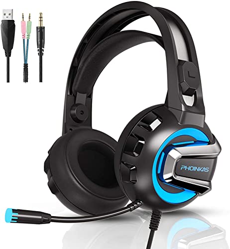 Auriculares para Videojuegos, YOTMS H4 7.1 Estéreo Cascos Gaming con Micrófono y Cable para PS4, PS5, Nintendo Switch, PC, Xbox One, Móvil, Mac Ajustable Headset con luz LED Controlador de 50mm, Azul