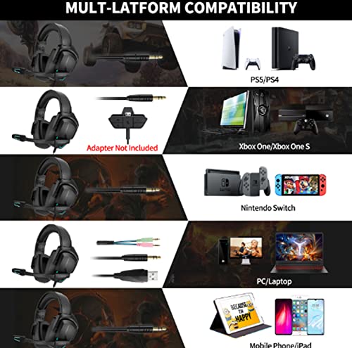 Auriculares para Videojuegos, YOTMS H6 7.1 Estéreo Cascos Gaming con Micrófono y Cable para PS4, PS5, Nintendo Switch, PC, Xbox One, Móvil, Mac Ajustable Headset con luz LED Controlador de 40mm, Negro