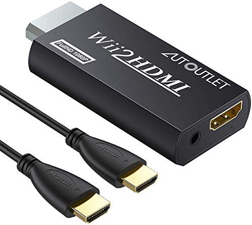 AUTOUTLET Adaptador Wii a HDMI, Convertidor Wii Hdmi 1080P / 720P Full HD, con Salida de Audio y Video de 3,5mm y Cable HDMI de 1m, para Nintendo Wii, Monitor de TV, Proyector, Televisión, Negro