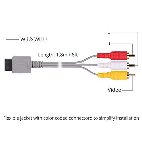 AUTOUTLET Cable AV para Wii / Wii U, Cable Estándar AV de Audio y Video, 1.8m 6 Pies Composite Retro 3 RCA Chapado en Oro para Nintendo Wii Wii U, la Consola de Juegos Wii