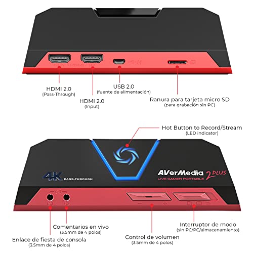 AVerMedia Live Gamer Portable 2 Plus GC513, 4K Pass-Through, 4K Full HD 1080p60 USB Captura de juegos, PC & PC Free mode, Record, Stream, Plug & Play, Party Chatcompatible con XBOX, PS4, PS5, Switch