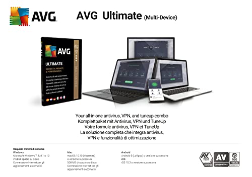 AVG Ultimate 2021/2022 - Antivirus con AVG Secure VPN y AVG TuneUp para agilizar su PC | 10 Dispositivos | 1 Año | En Caja | PC/Mac |