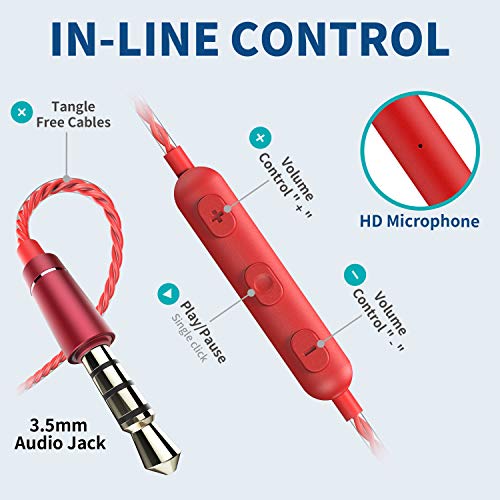 AzukiLife Auriculares In Ear, Auriculares con Cable y Micrófono Headphone Sonido Estéreo para Android, Smartphone, Samsung, Laptop, MP3,Tablets - Rojo