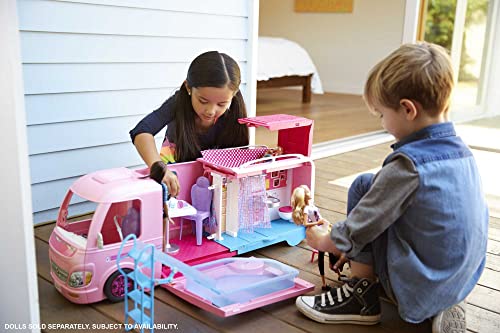 Barbie Autocaravana - Convertible - Con Piscina y Ruedas Giratorias - Muñecas no Incluidas - Espacio de Juego: 60 cm - Regalo para Niños de 3+ Años