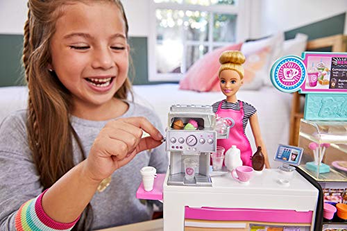 Barbie Cafetería Muñeca con accesorios y máquina para hacer café de juguete (Mattel GMW03)