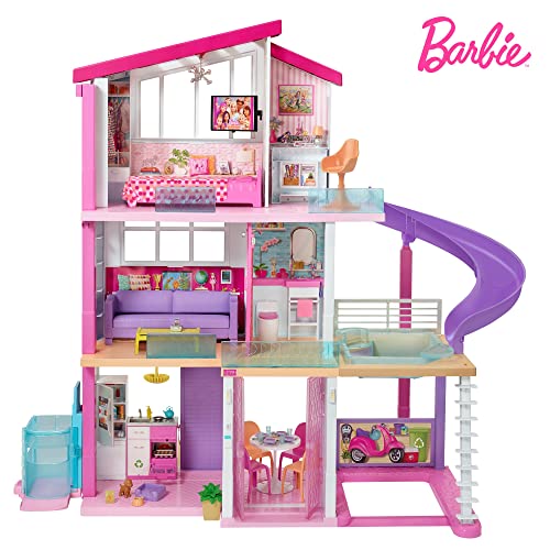 Barbie Dreamhouse Casa de Muñecas - 3 Pisos y 8 Habitaciones - Ascensor - Luz y Sonido - 70 Accesorios - 122 x 91 cm - Regalo para Niños de 3-7 Años