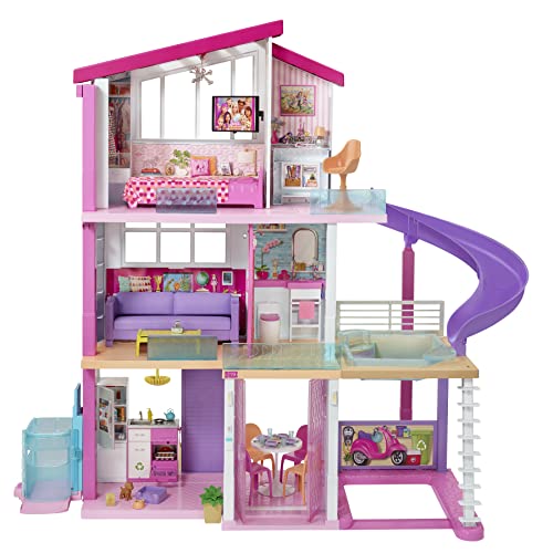 Barbie Dreamhouse Casa de Muñecas - 3 Pisos y 8 Habitaciones - Ascensor - Luz y Sonido - 70 Accesorios - 122 x 91 cm - Regalo para Niños de 3-7 Años