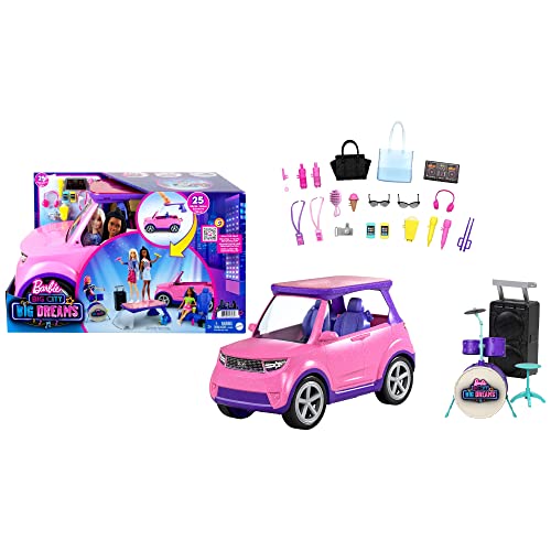 Barbie Dreamhouse Coche musical rosa con purpurina, vehículo de juguete para muñecas, regalo para niñas y niños +3 años (Mattel GYJ25)