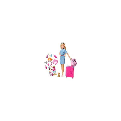 Barbie Muñeca Viajera - Conjunto de Viaje con Maleta Rosa y Perro - Más de 10 Accesorios - Con Pegatinas - Regalo para Niños de 3-7 Años