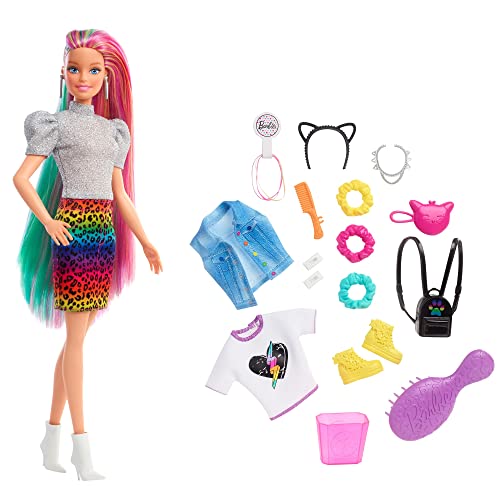 Barbie Pelo Arcoiris Muñeca rubia con falda de guepardo y accesorios de moda y para el pelo de juguete (Mattel GRN81)