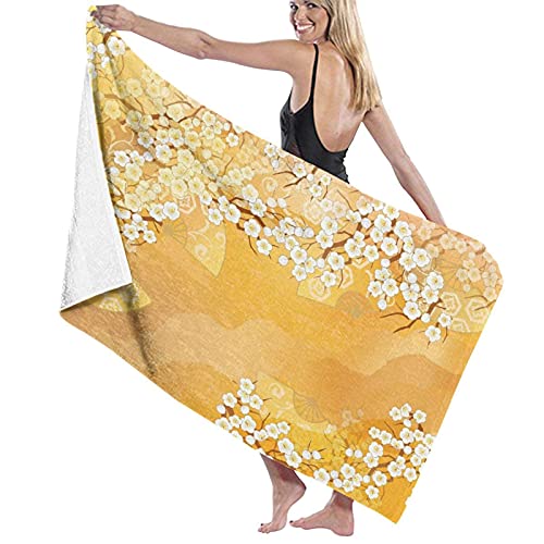Beach Bath Towel,Japanese Cherry Blossom Sakura Tree Branches Ethnic Ancient Blooms Artwork,Lightweight Beach Blanket Absorbent Quick Dry Cool Pool Beach Swim Towels
