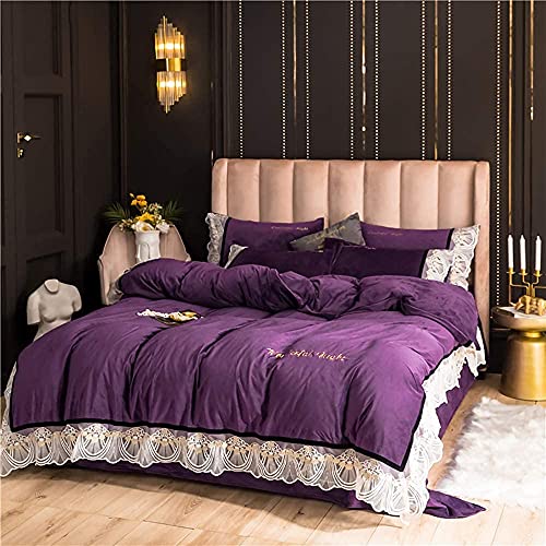 Bedding Sets Double Size Winter Double Duvet Cover Set 4 Pcs Bedding Set Double Bed Soft Warm Flannel Thick Quilt Cover Sets Flat Sheet (Purple Full)