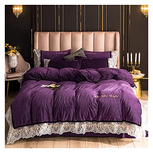 Bedding Sets Double Size Winter Double Duvet Cover Set 4 Pcs Bedding Set Double Bed Soft Warm Flannel Thick Quilt Cover Sets Flat Sheet (Purple Full)