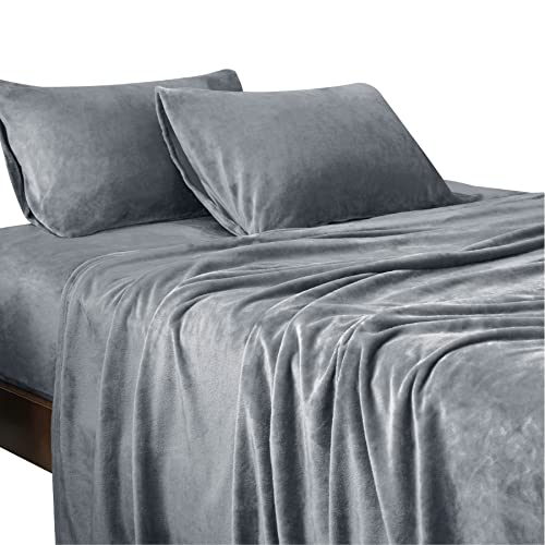 Bedsure Sabanas Coralina 140 Invierno - Juego Sábanas 140 x 190 Franela 4 Piezas, Sabanas Polar Termica Cama 140, Sabana Bajera Ajustable 140x200 con Encimera, Gris