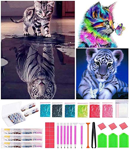 Bellatoi DIY 5D Diamante Pintura Kits, Gato y tigre Diamante Pintura por Número Kit,Rhinestone Bordado de Punto de Cruz Artes Manualidades Lienzo Pared Decoración