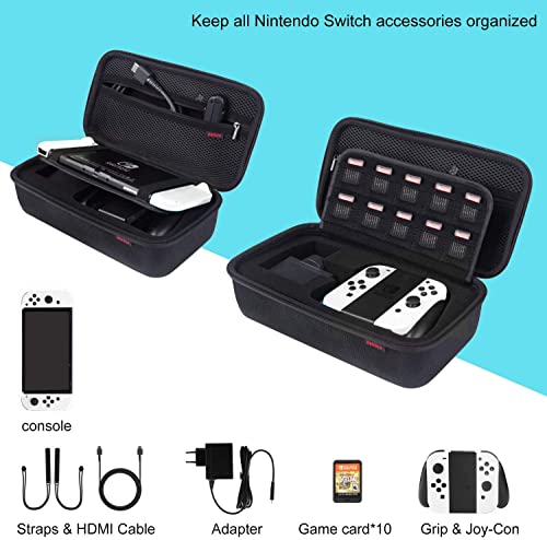 Bestico Funda para Nintendo Switch y Switch OLED - Funda de viaje para Nintendo Switch con 10 cartuchos de juegos para la consola, Adaptador de CA, cable HDMI, mando Joycon y correa Joycon