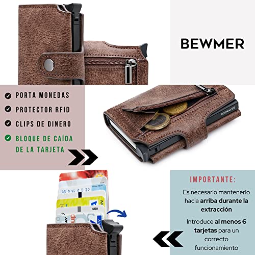 BEWMER-2 Cartera Tarjetero para Hombre y Mujer con Monedero | Billetera Minimalista Porta Tarjetas de Crédito con Protección RFID, Billetes, Monedas | DISEÑO Italiano Marrón