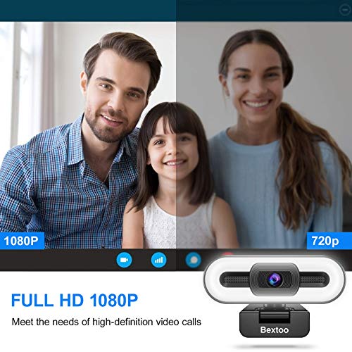 Bextoo Webcam 1080P HD, Cámara Web para PC con Anillo de Luz de 3 Colores y Micrófono Estéreo, Enfoque Automático, Plug and Play, Utilizado para Videollamadas y Reuniones, Enseñanza en Línea, Juegos
